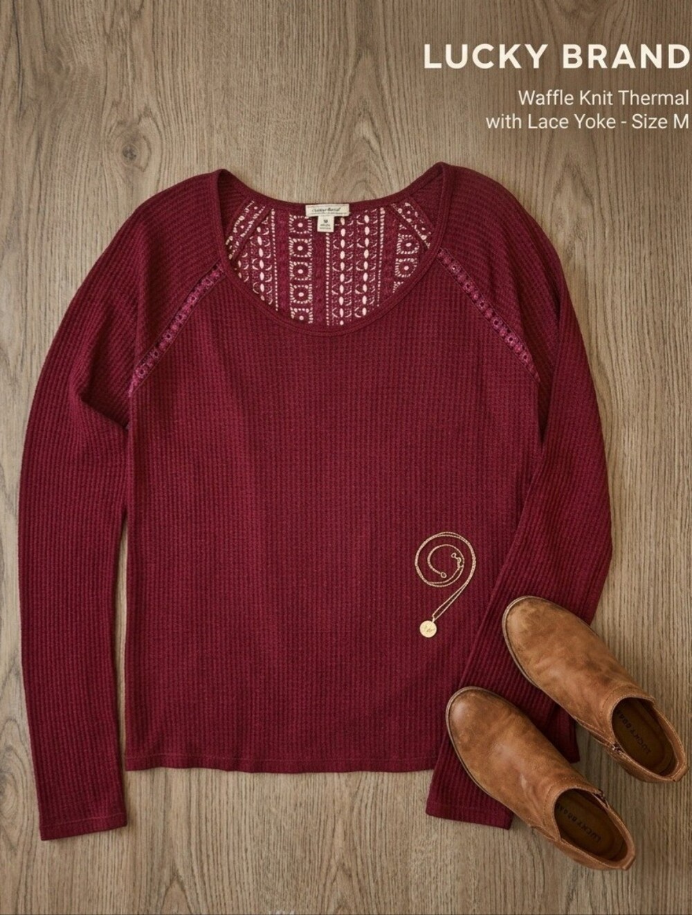 Lucky Brand Maroon Waffle Knit Mixed Lace Thermal Top - Size M